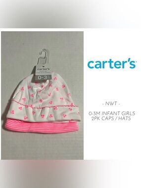 🆕CARTER’S - 0/3M - NWT - 2PK INFANT GIRLS PINK CHERRY CAPS / HATS